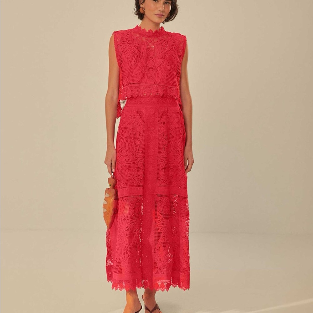 Farm Rio Red Guipure Lace Midi Skirt Small